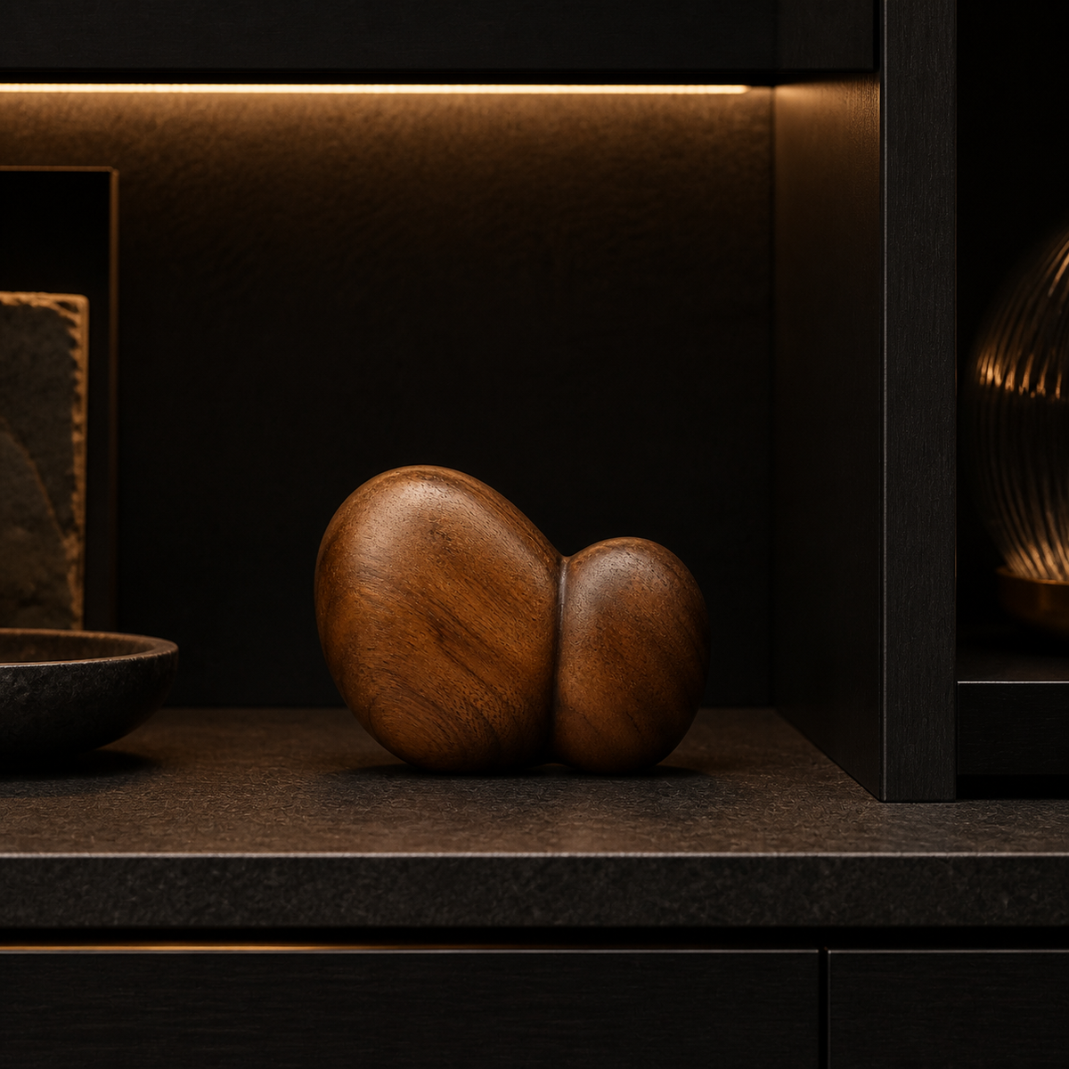 Twin Pebble, teak wood tabletop sculpture — interior view