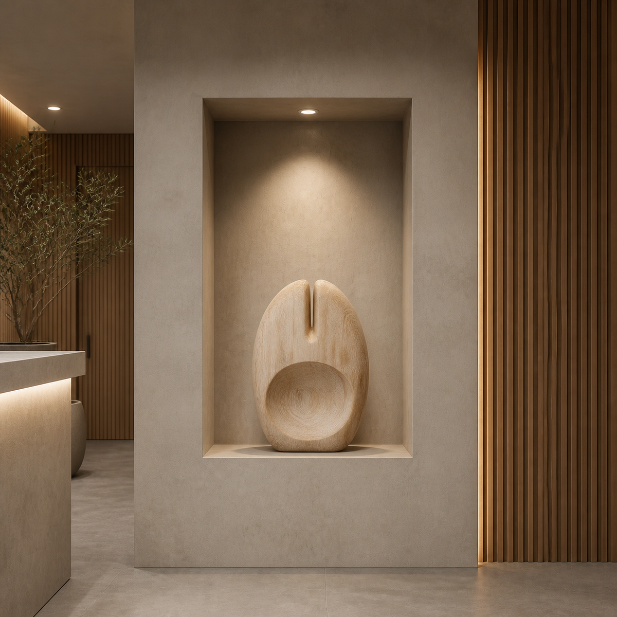 Split Vessel, abstract teak wood sculpture — interior view