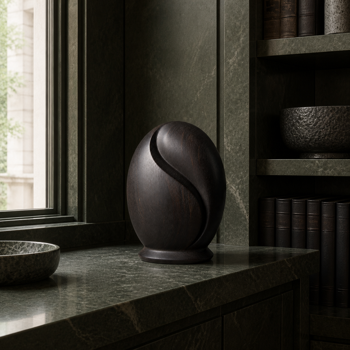 Folded Seed, abstract teak wood sculpture — interior view