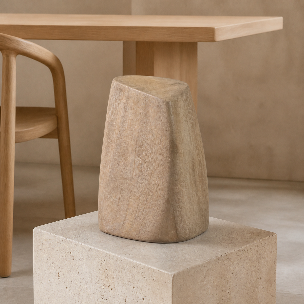 Soft Quoin, abstract teak wood sculpture — interior view
