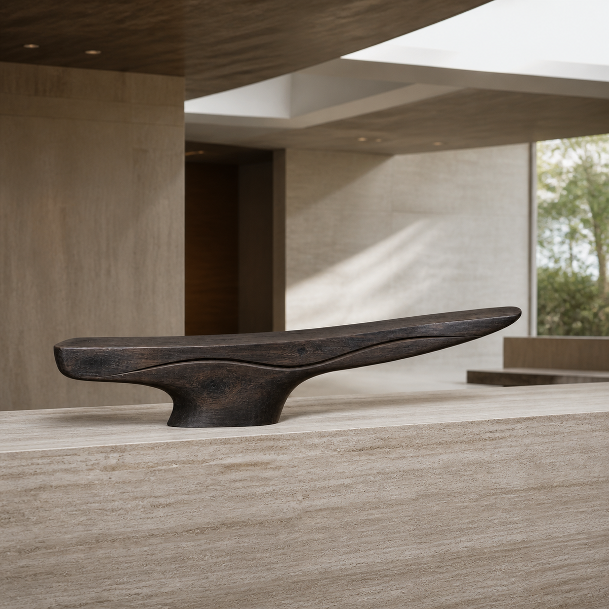 Lifted Current, teak wood console sculpture — interior view