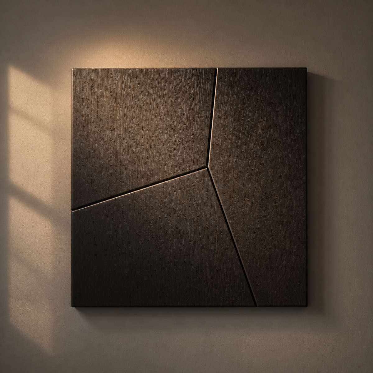 Fragmented Plane Relief, carved teak wood wall art — interior view