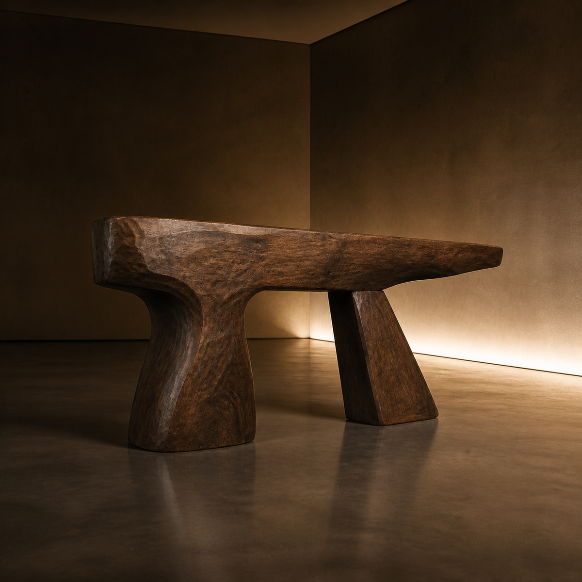 Cantilever Pair, teak wood console sculpture — interior view