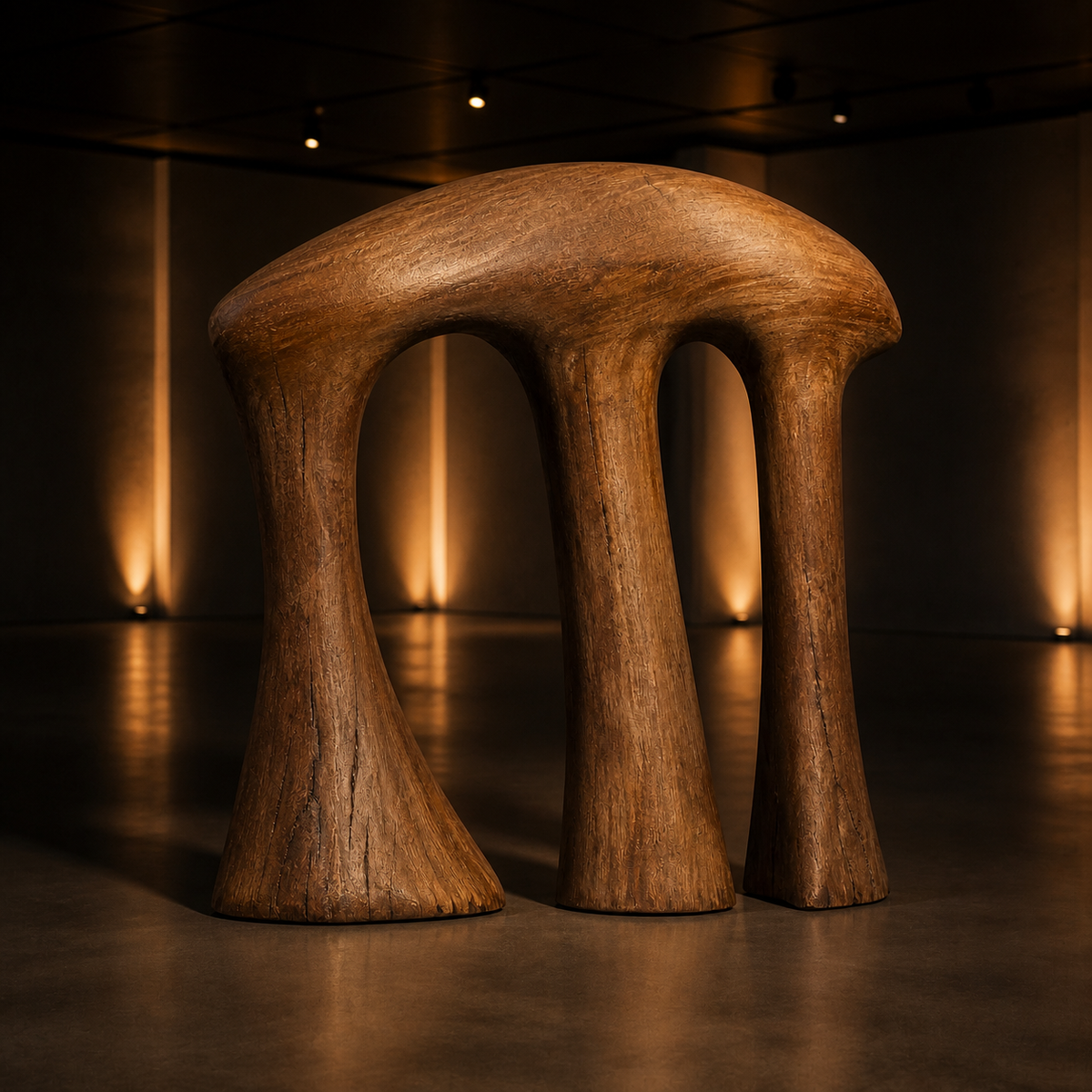 Offset Colonnade, teak wood console sculpture — interior view