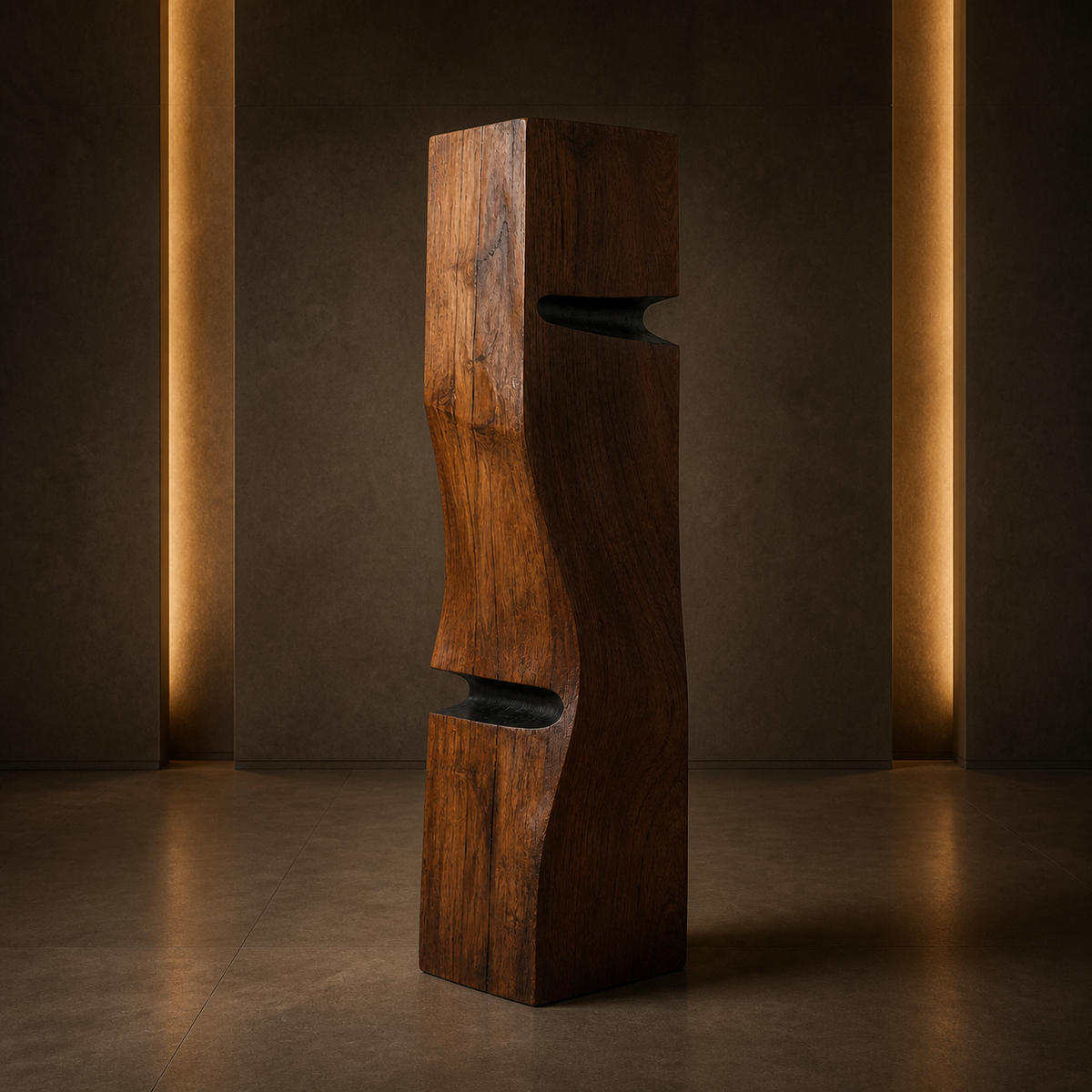 Crosscurrent Totem, teak wood floor sculpture — interior view