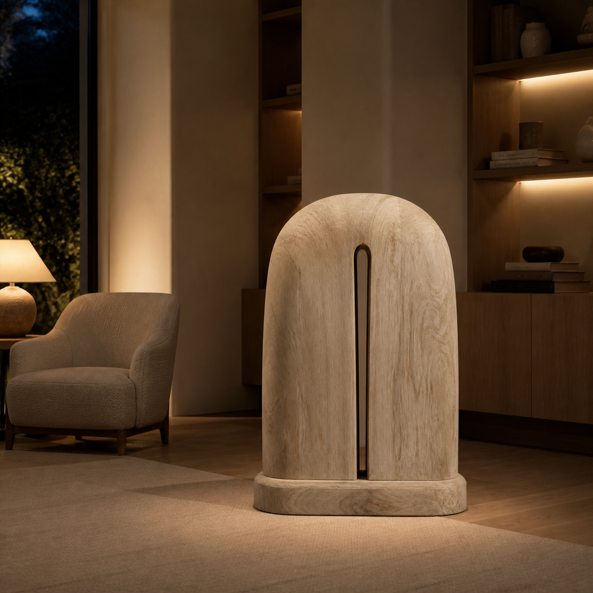 Crowned Slot, teak wood floor sculpture — interior view
