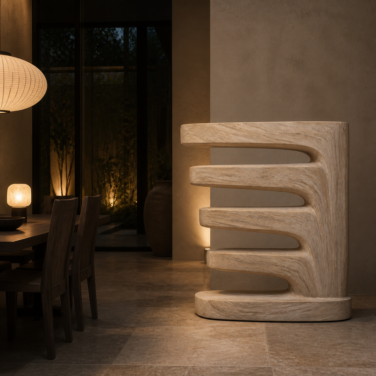 Descending Strata, teak wood floor sculpture — interior view