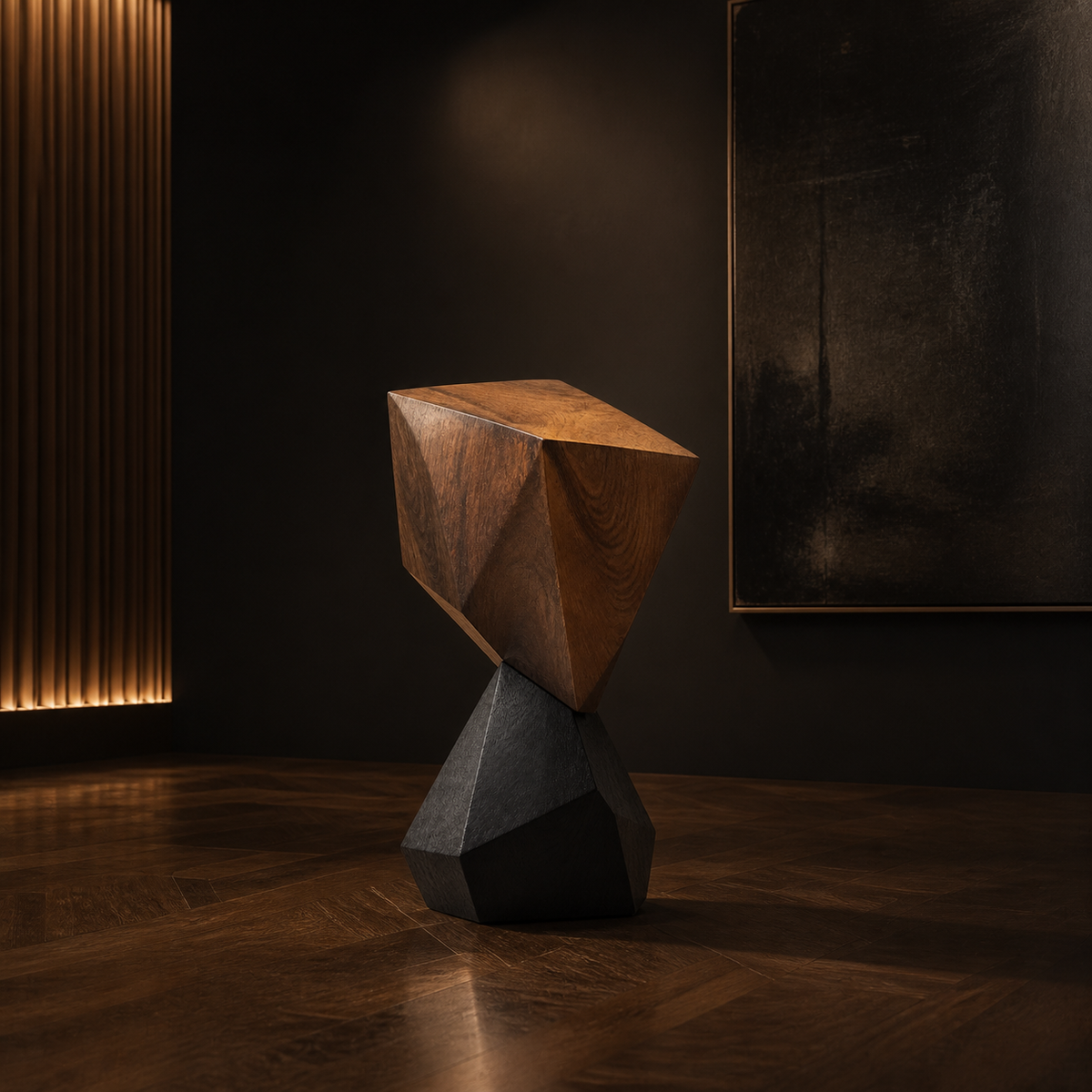 Prism Balance, abstract teak wood sculpture — interior view