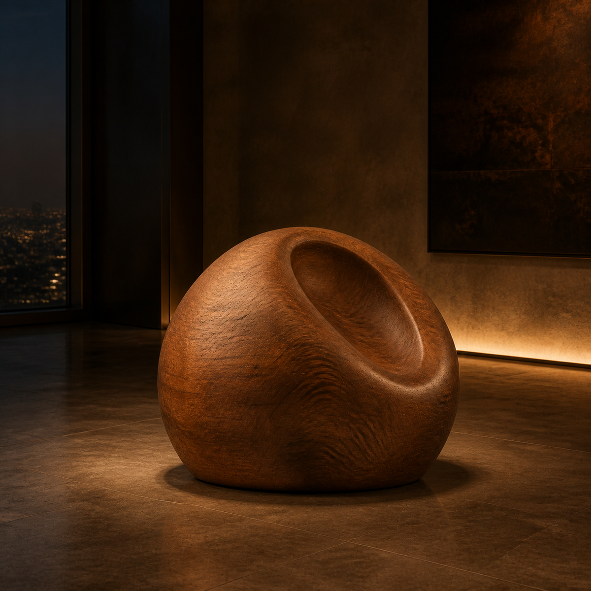 Tension Vessel, abstract teak wood sculpture — interior view