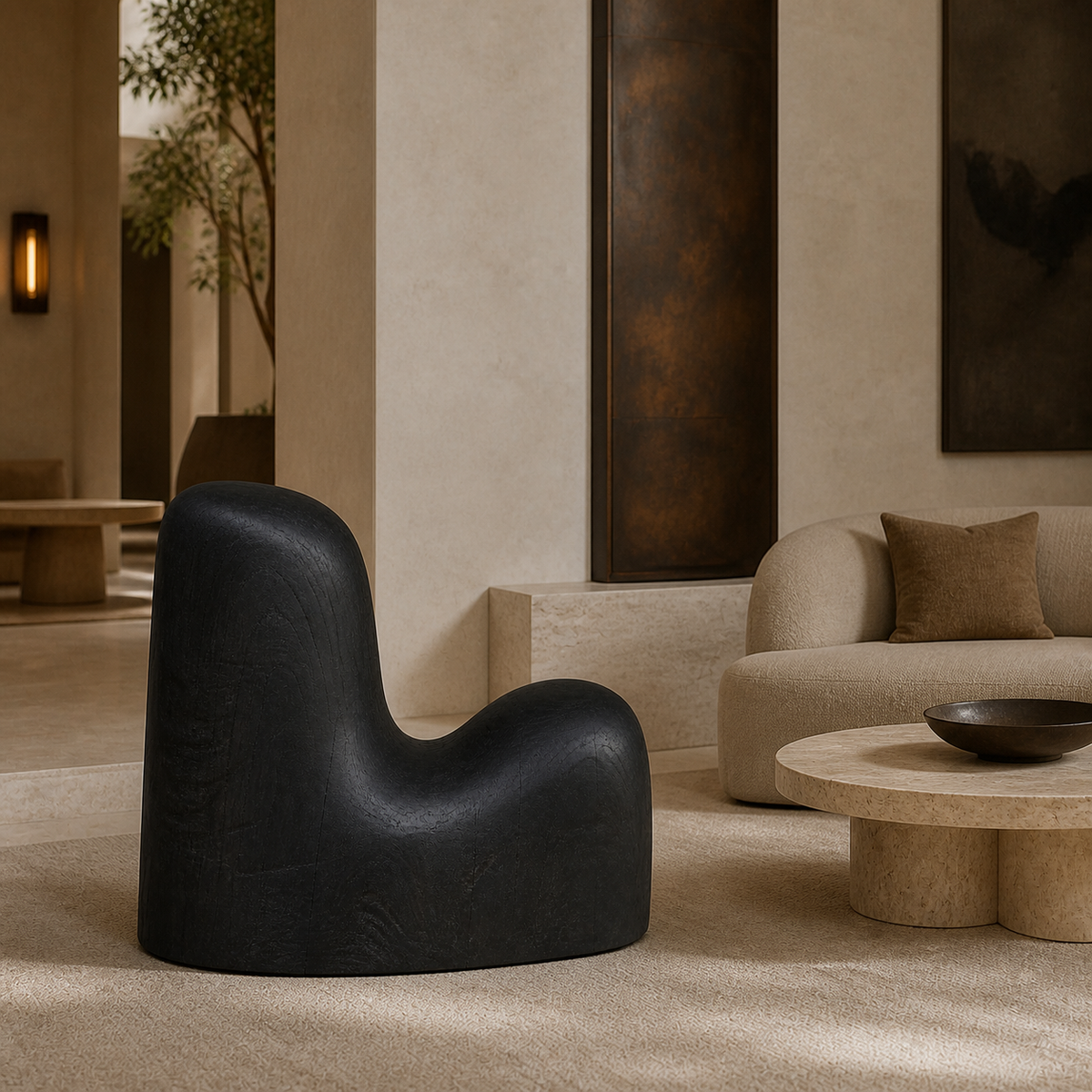 Counterpoise Mass, teak wood floor sculpture — interior view