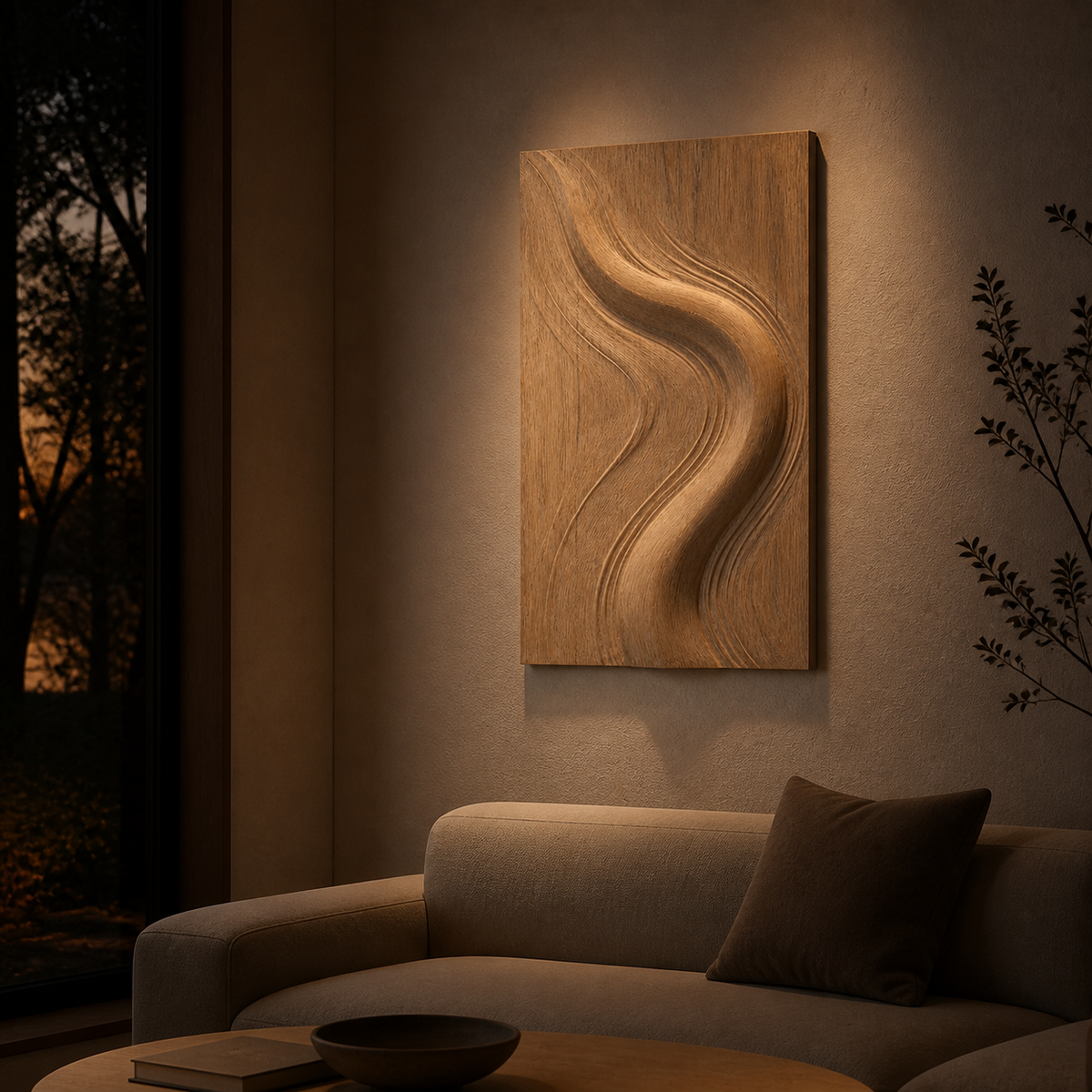 Folded Current Relief, carved teak wood wall art — interior view