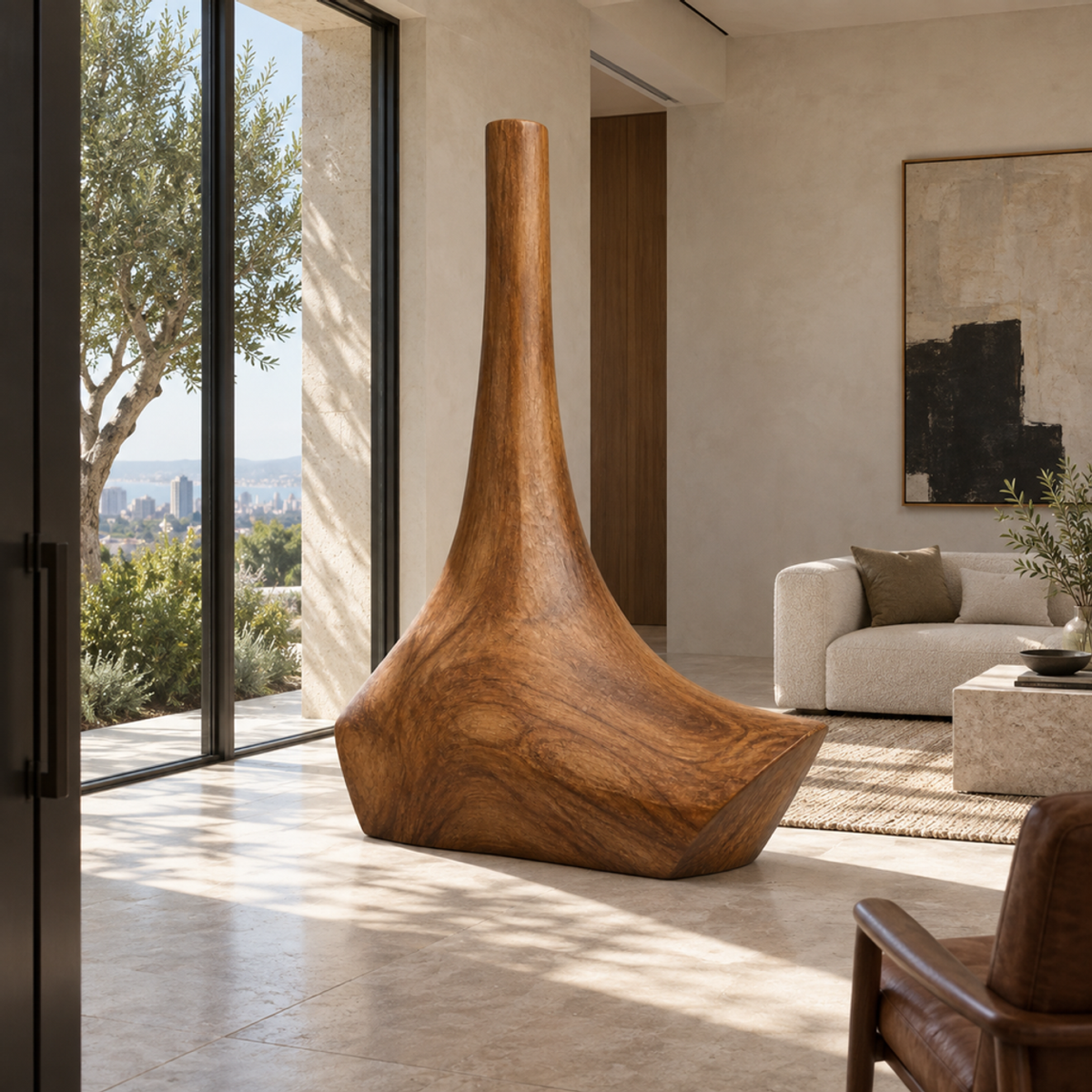 Tapered Anchorage, teak wood floor sculpture — interior view