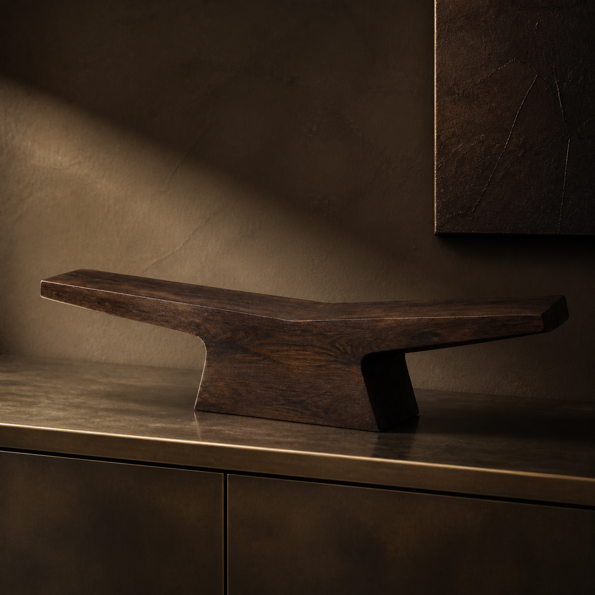 Pivot Lintel, teak wood console sculpture — interior view