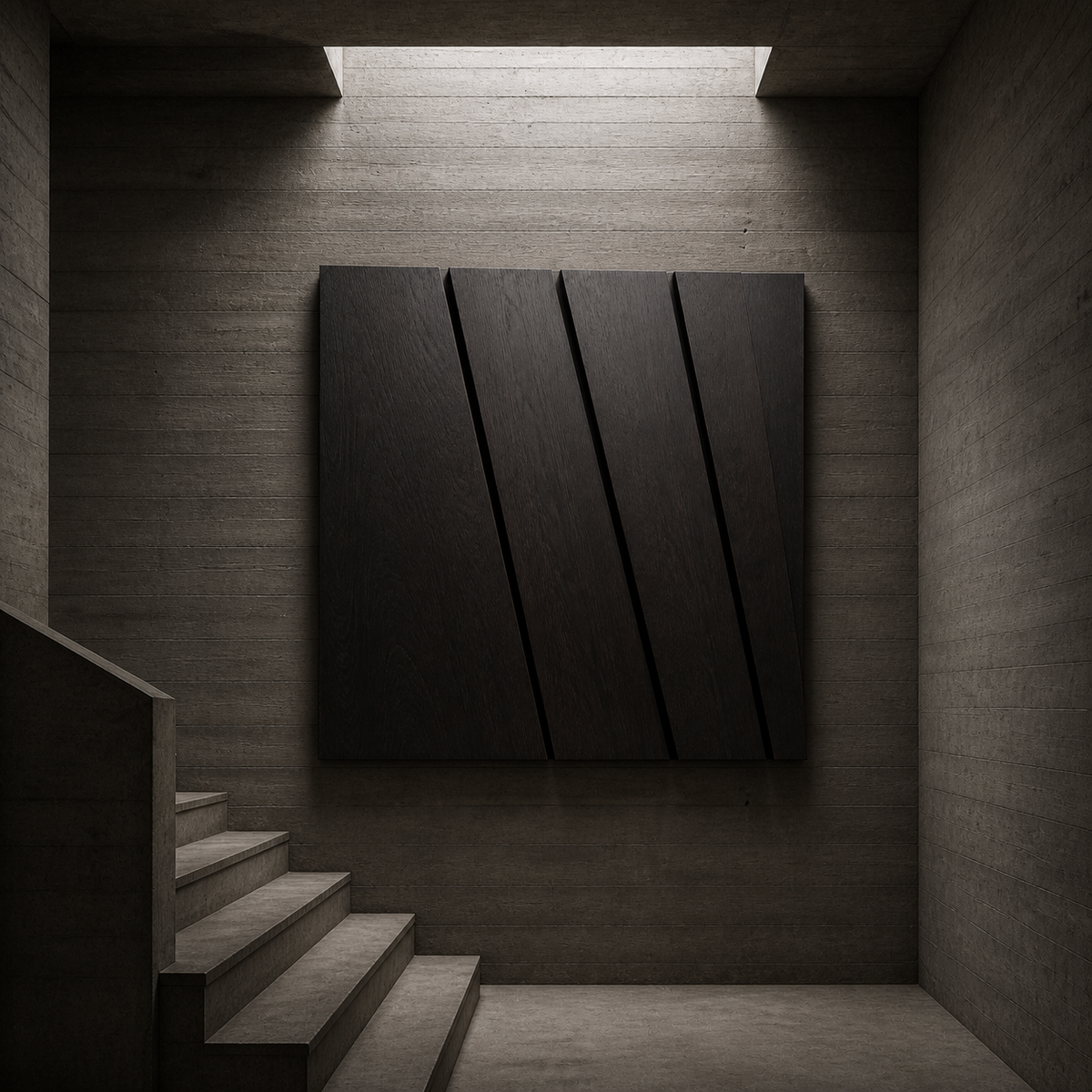 Fracture Field Relief, carved teak wood wall art — interior view