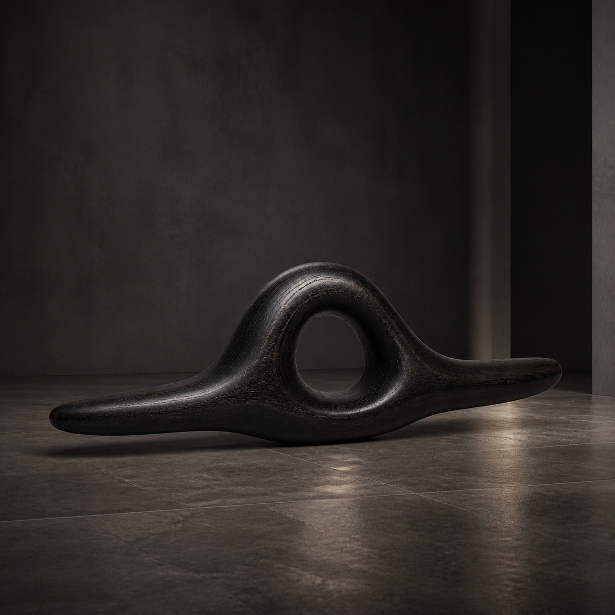 Knotted Lintel, teak wood console sculpture — interior view