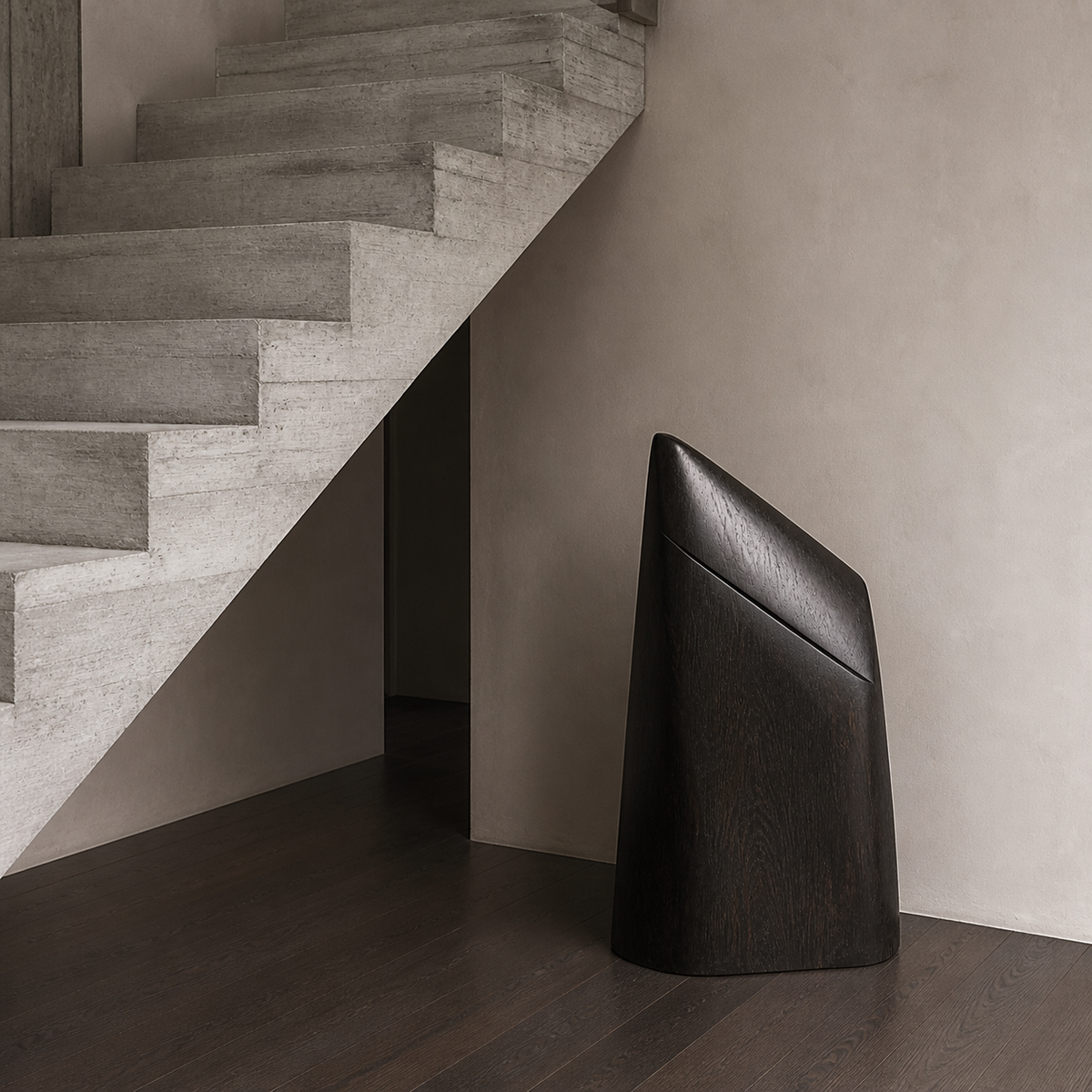 Quiet Buttress, teak wood floor sculpture — interior view