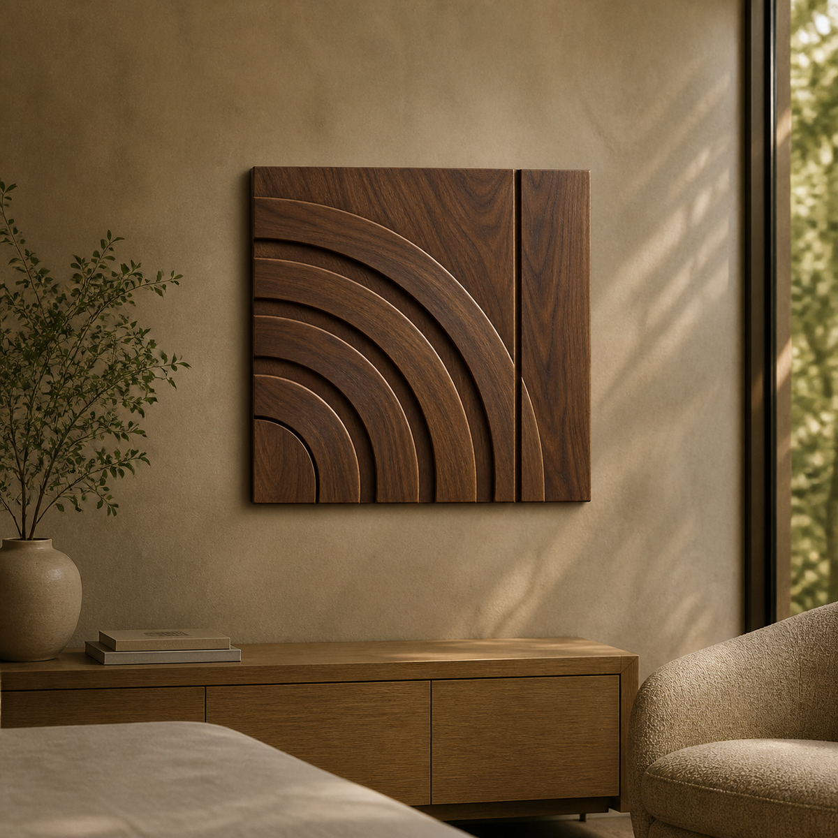 Solar Rift Relief, carved teak wood wall art — interior view