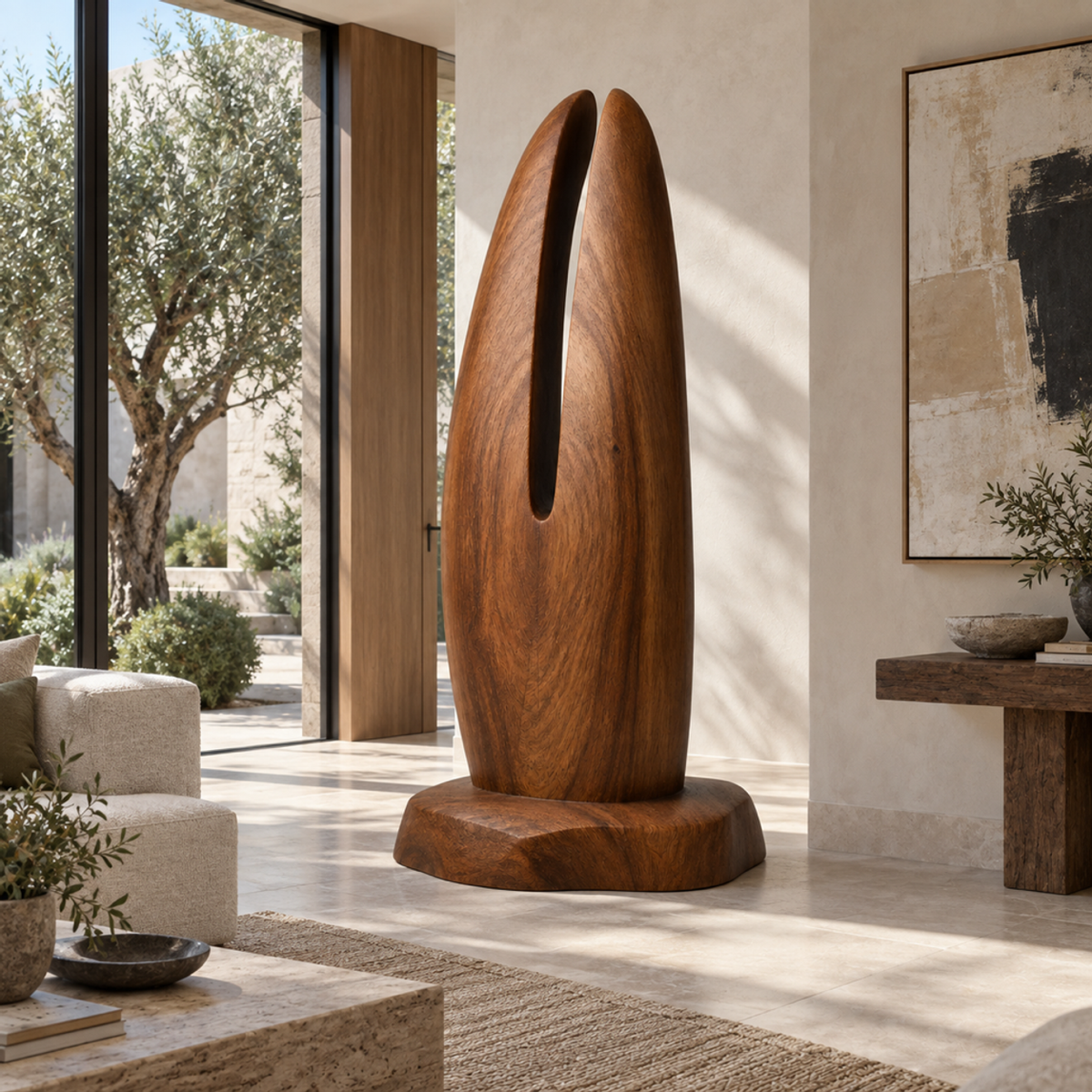 Split Pinnacle, teak wood floor sculpture — interior view