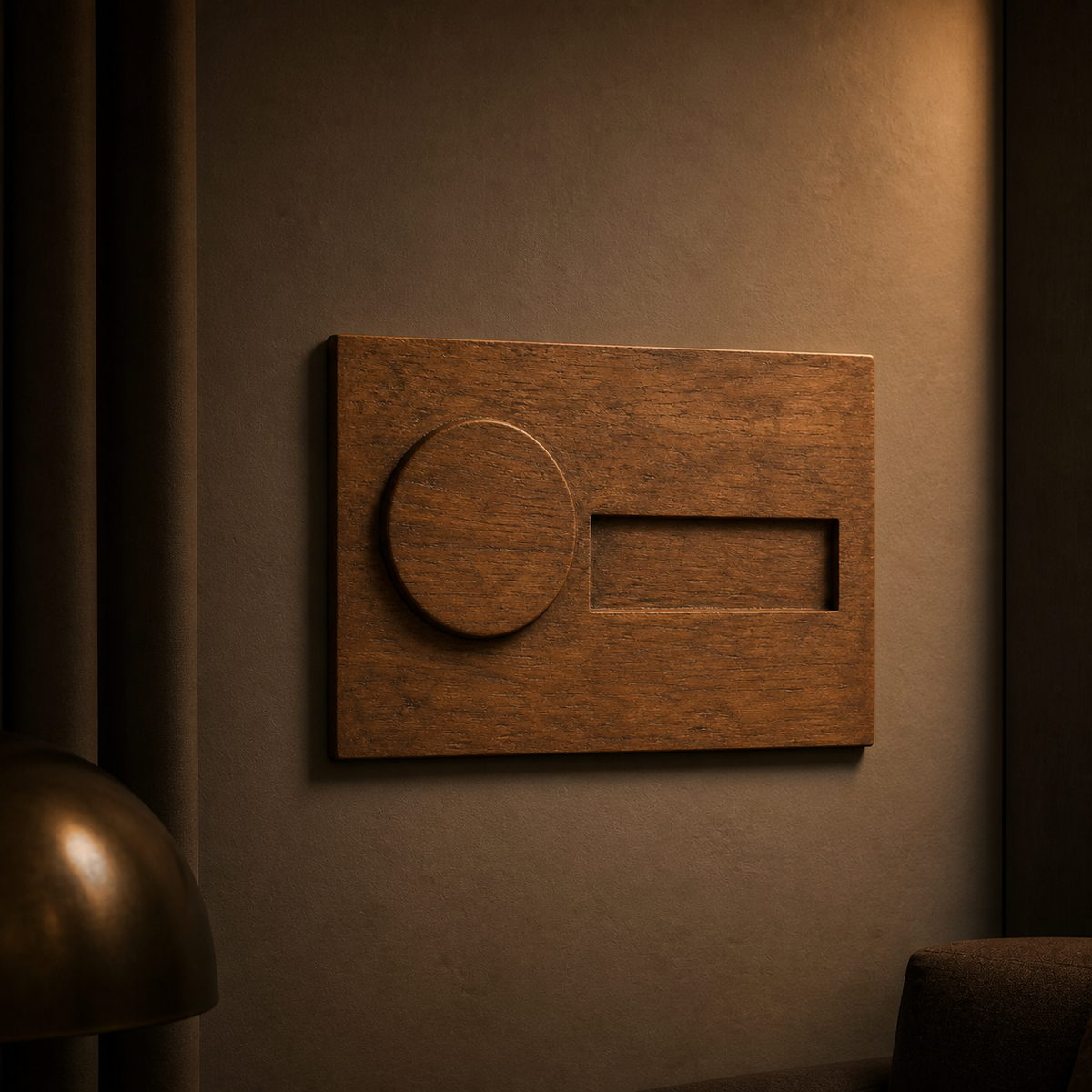 Counterweight Relief, carved teak wood wall art — interior view