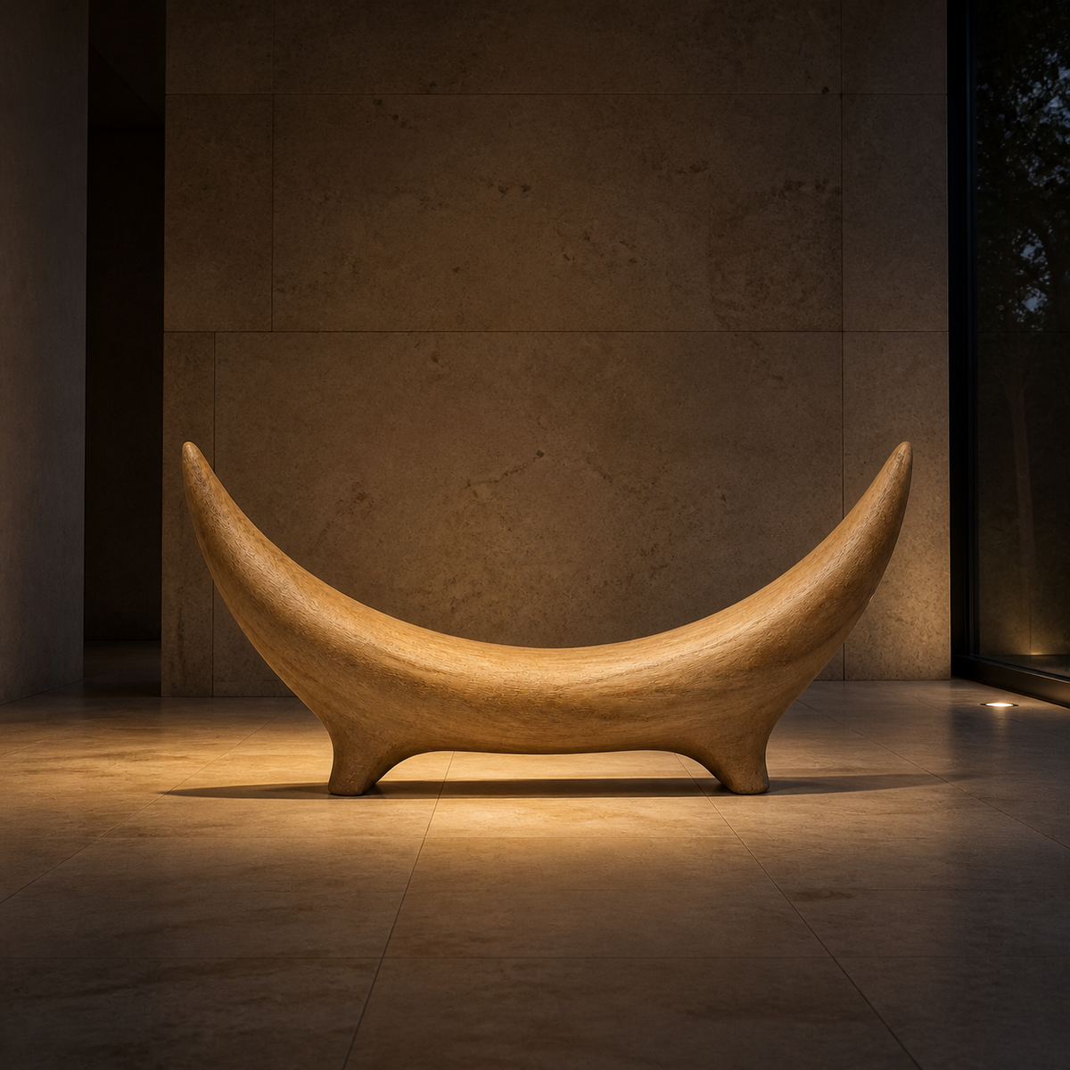 Bridged Crescent, teak wood console sculpture — interior view