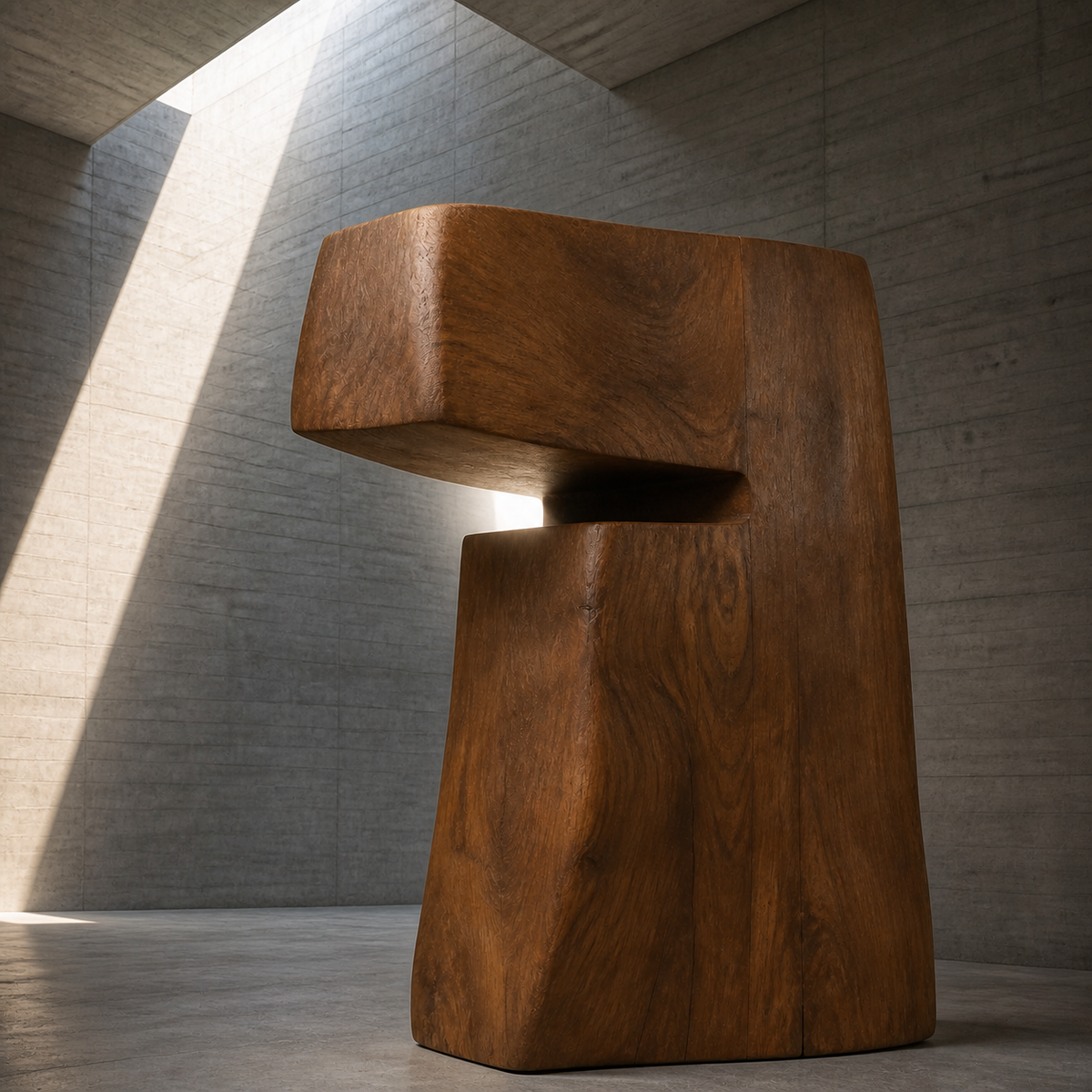 Overhang Monolith, teak wood floor sculpture — interior view