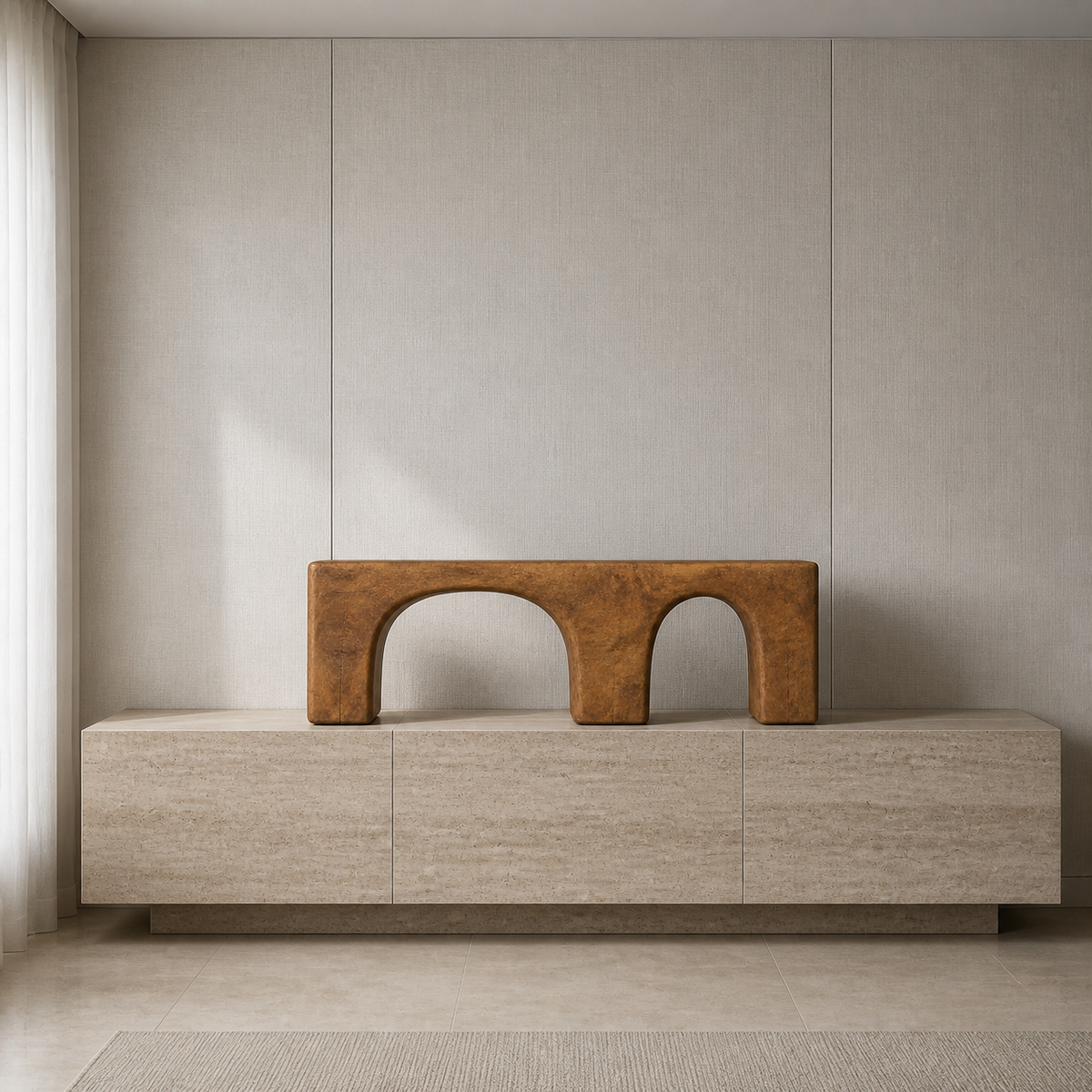 Double Span, teak wood console sculpture — interior view