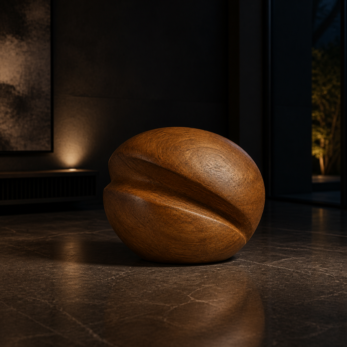 Pressed Helix, abstract teak wood sculpture — interior view