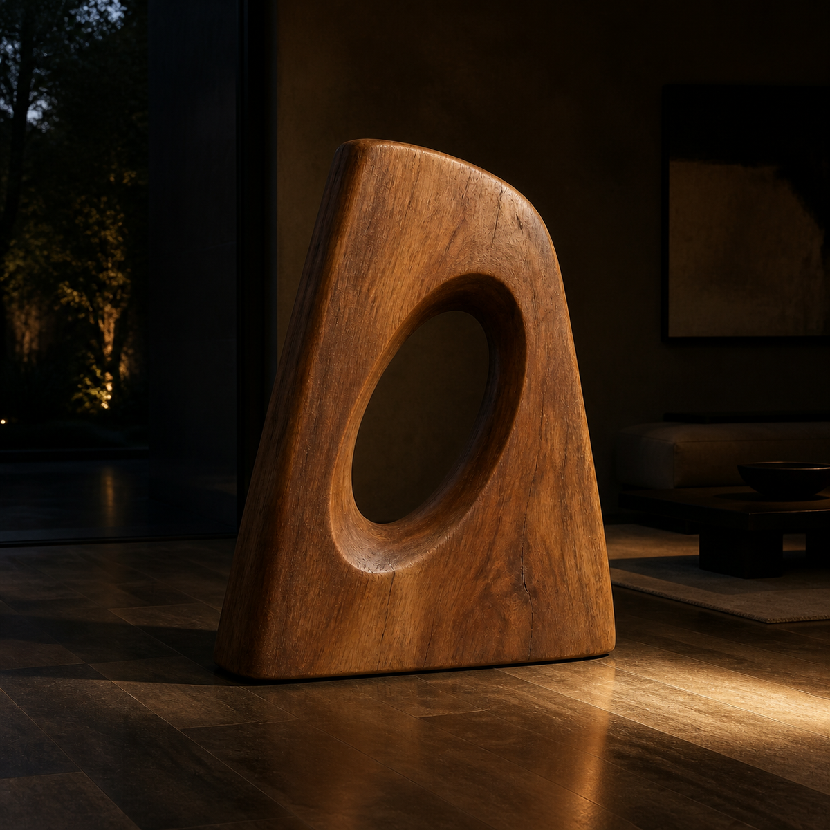 Inclined Aperture, teak wood floor sculpture — interior view