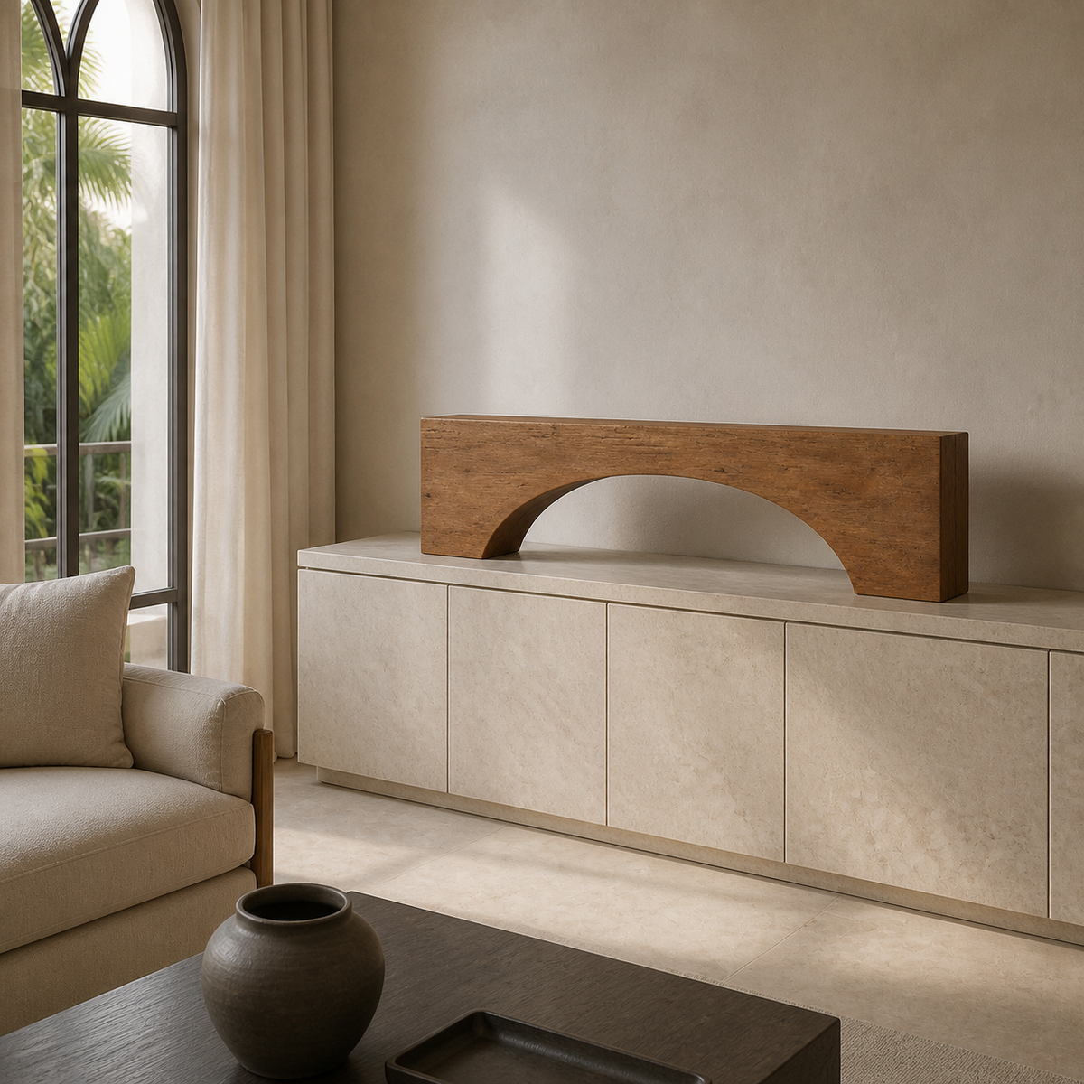 Bridge Trace, teak wood console sculpture — interior view