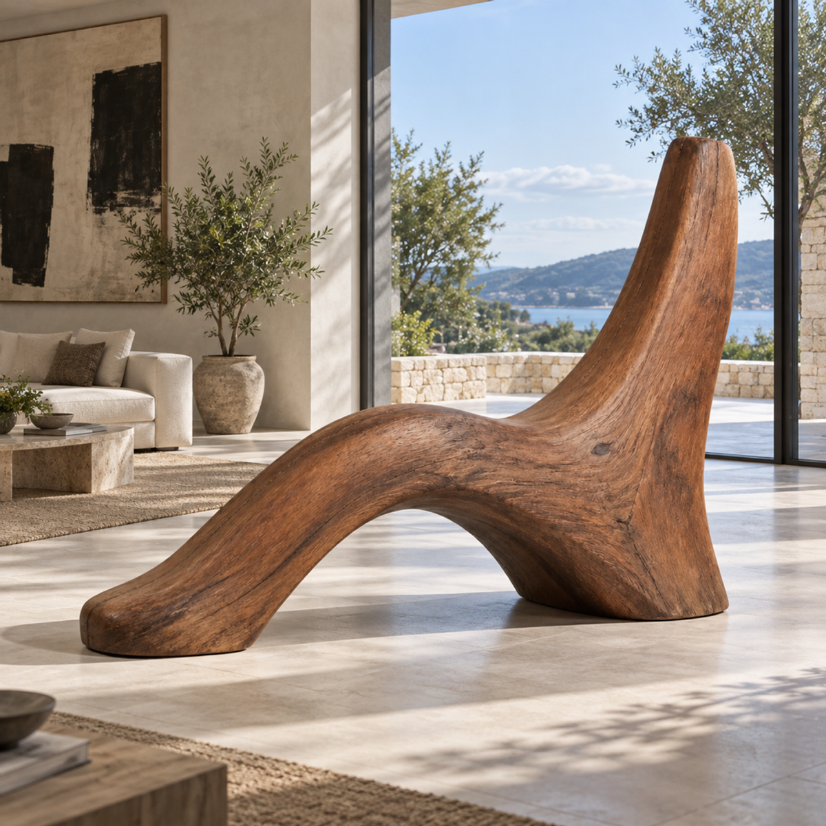 Wave Buttress, teak wood floor sculpture — interior view