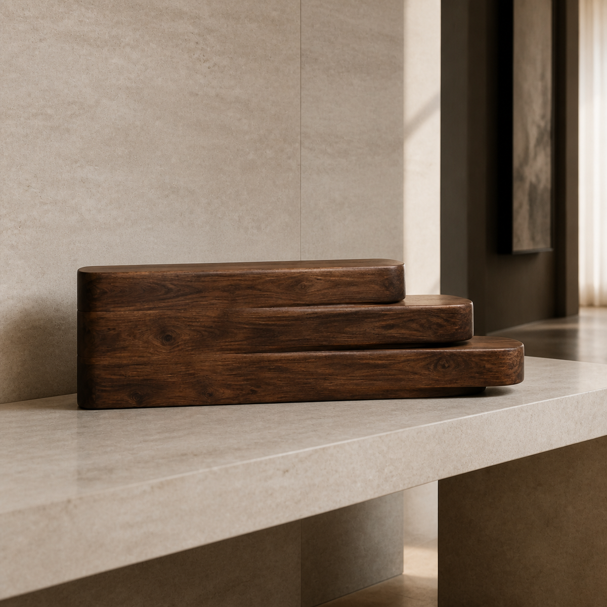 Layered Reach, teak wood console sculpture — interior view