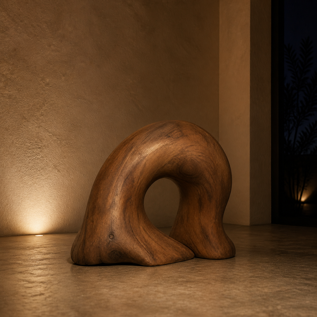 Rooted Arc, abstract teak wood sculpture — interior view