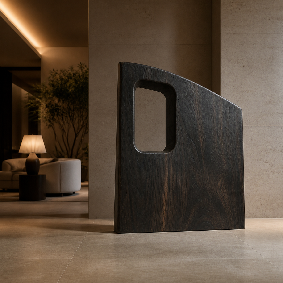 Offset Portal, teak wood floor sculpture — interior view