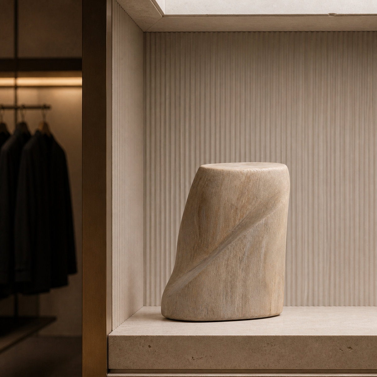 Balance Fold, abstract teak wood sculpture — interior view