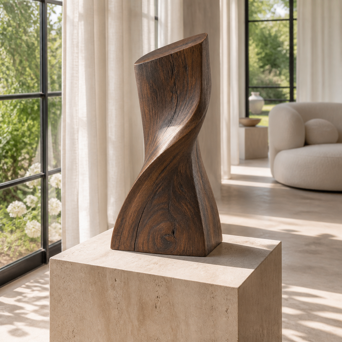 Quiet Torque, abstract teak wood sculpture — interior view