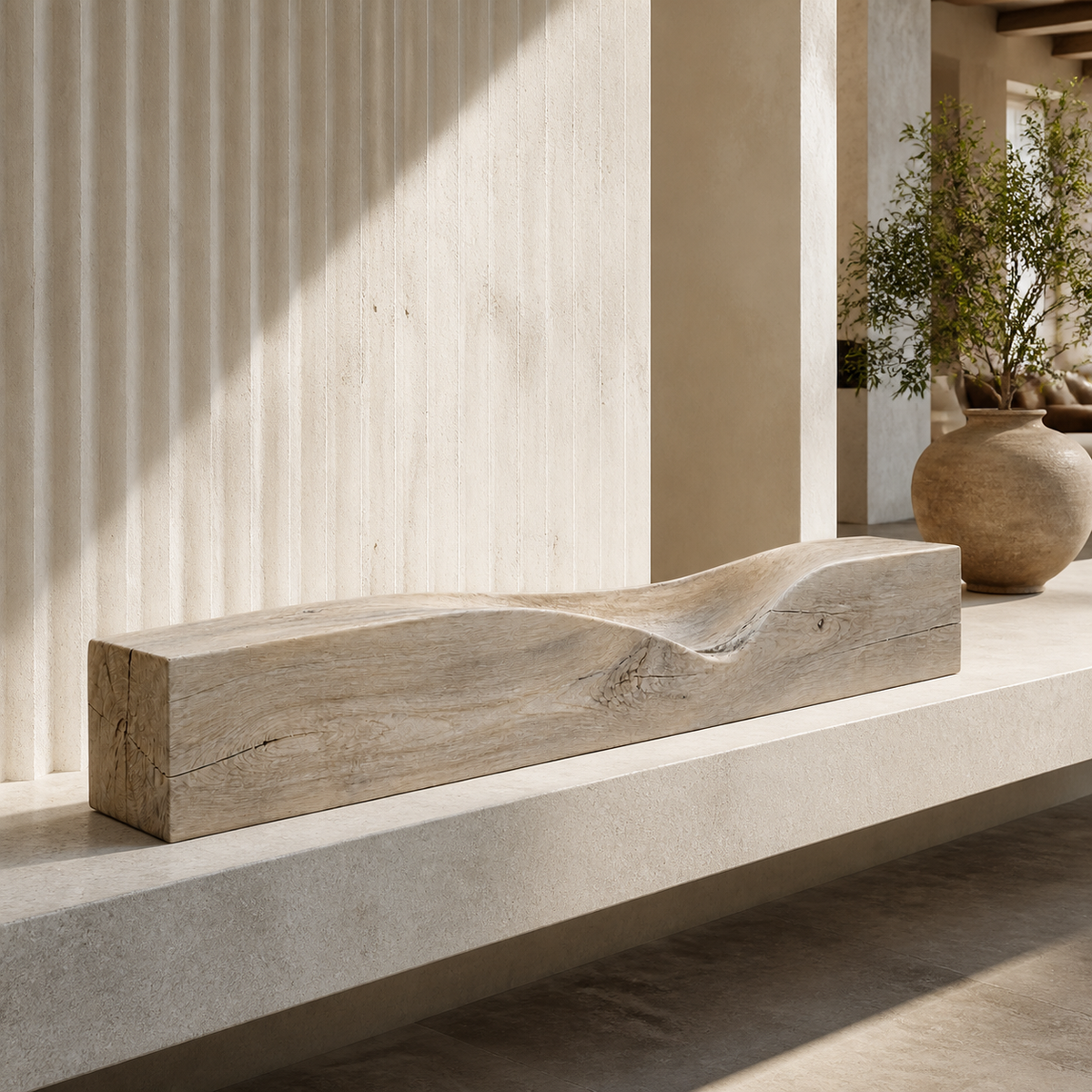 Threshold Beam, teak wood console sculpture — interior view