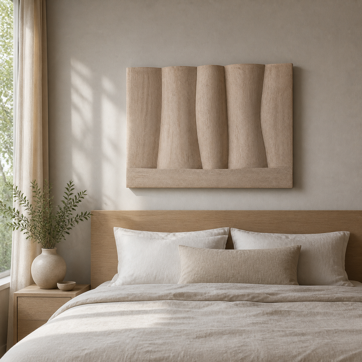 Dune Ledger Relief, carved teak wood wall art — interior view