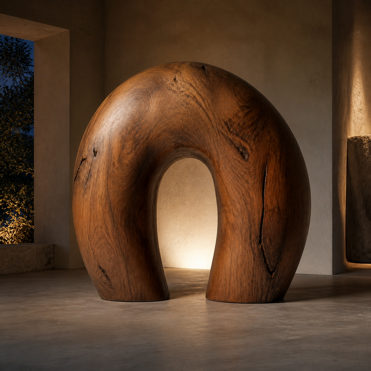 Hollow Crest, teak wood floor sculpture — interior view