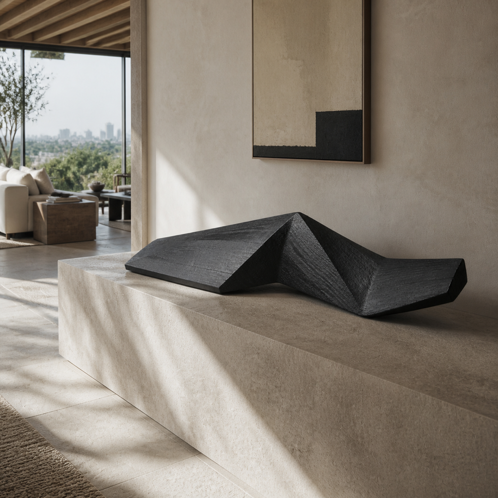 Folded Horizon, teak wood console sculpture — interior view