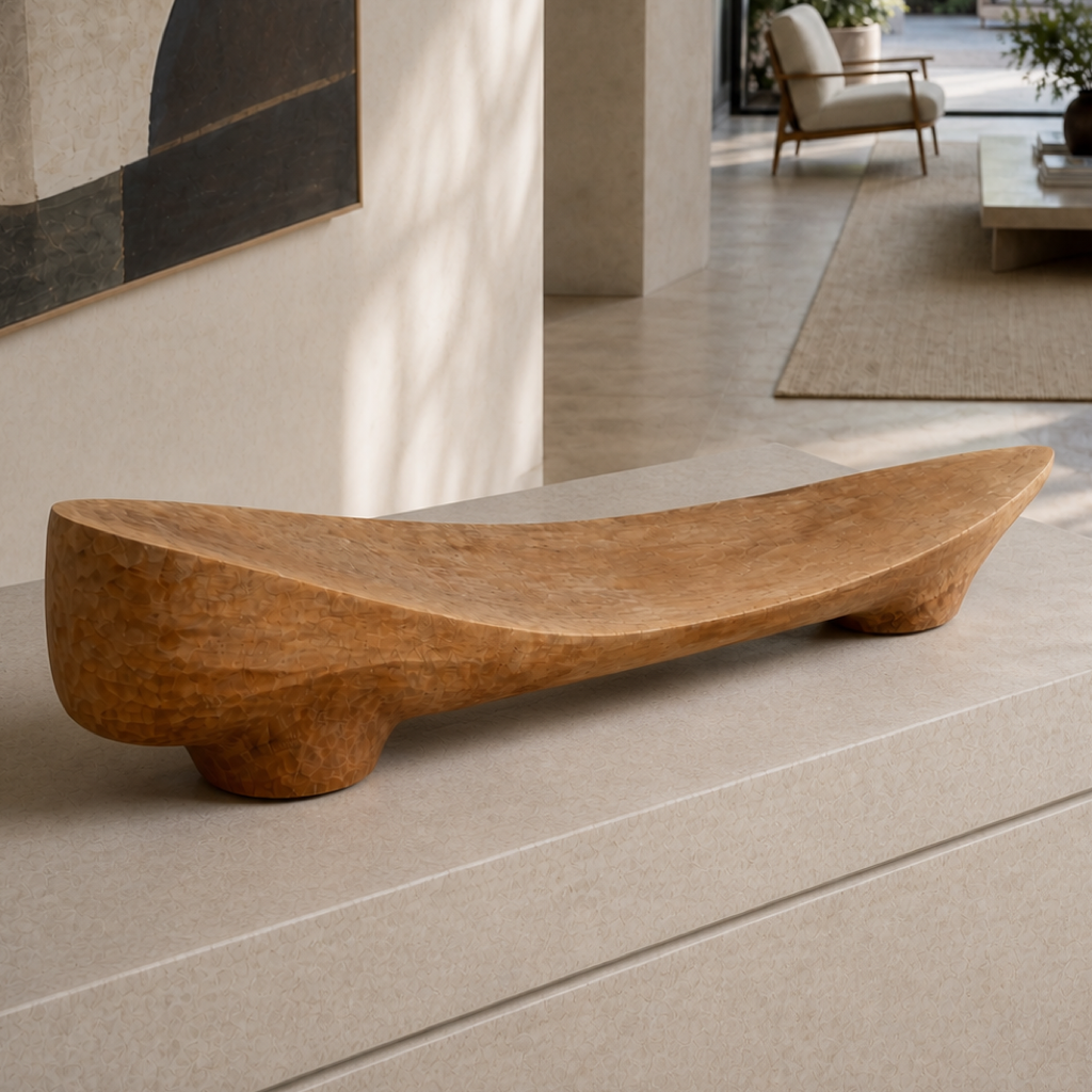 Saddle Plane, teak wood console sculpture — interior view
