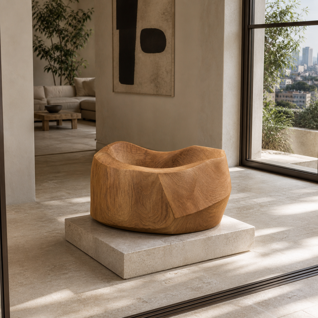 Caldera Plinth, abstract teak wood sculpture — interior view