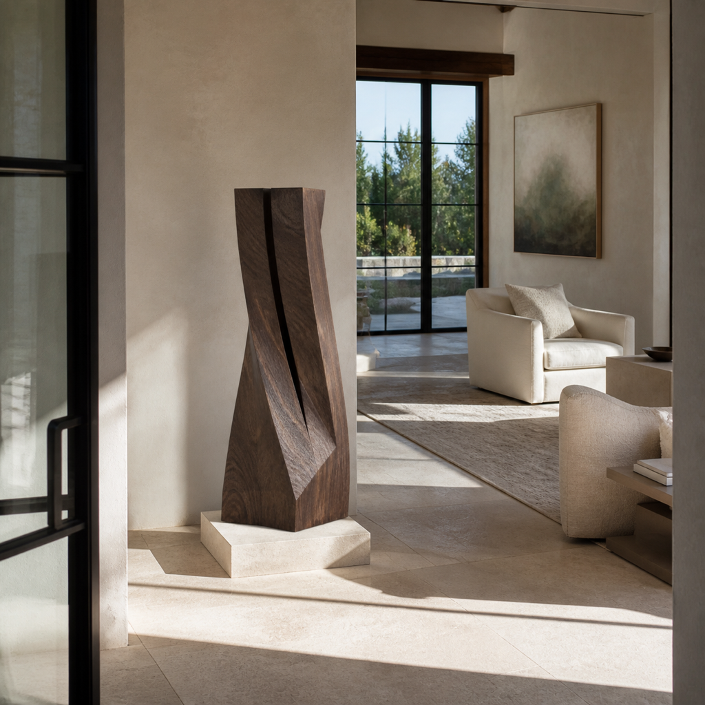 Torque Study, abstract teak wood sculpture — interior view