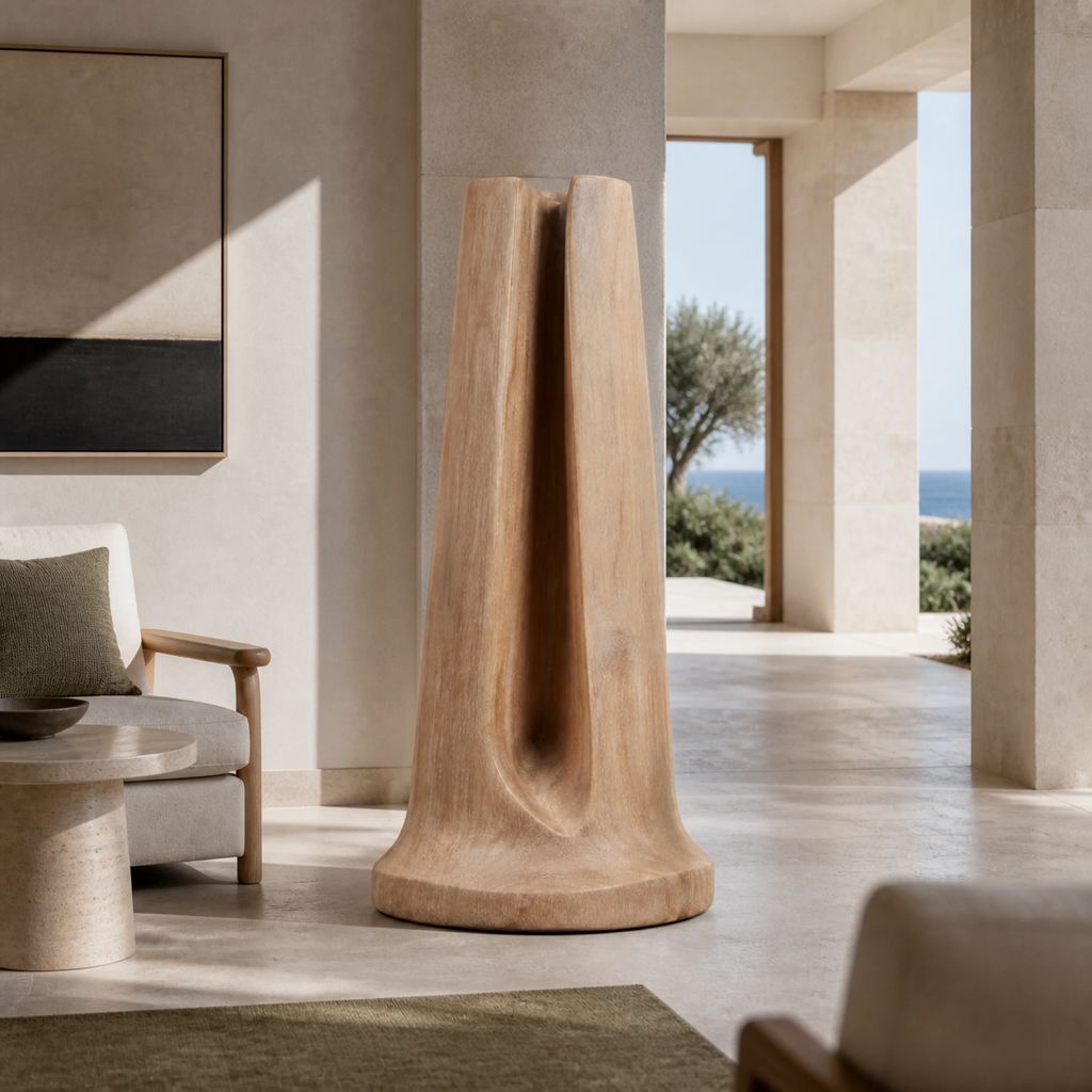 Veil Column, teak wood floor sculpture — interior view
