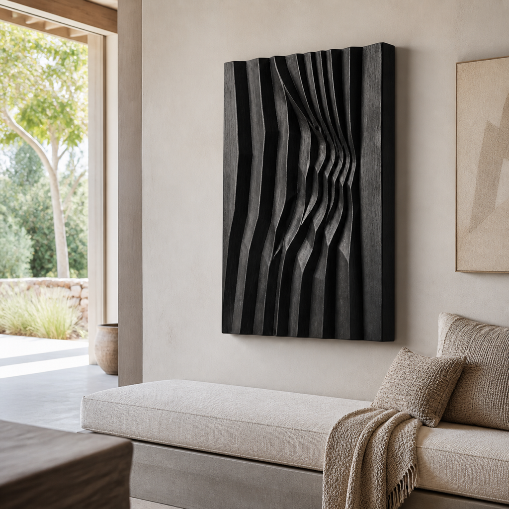 Meridian Relief, carved teak wood wall art — interior view