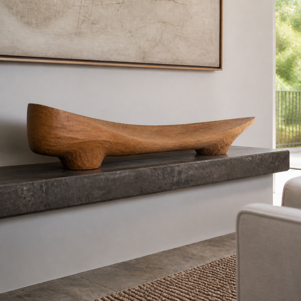 Saddle Plane, teak wood console sculpture — interior view