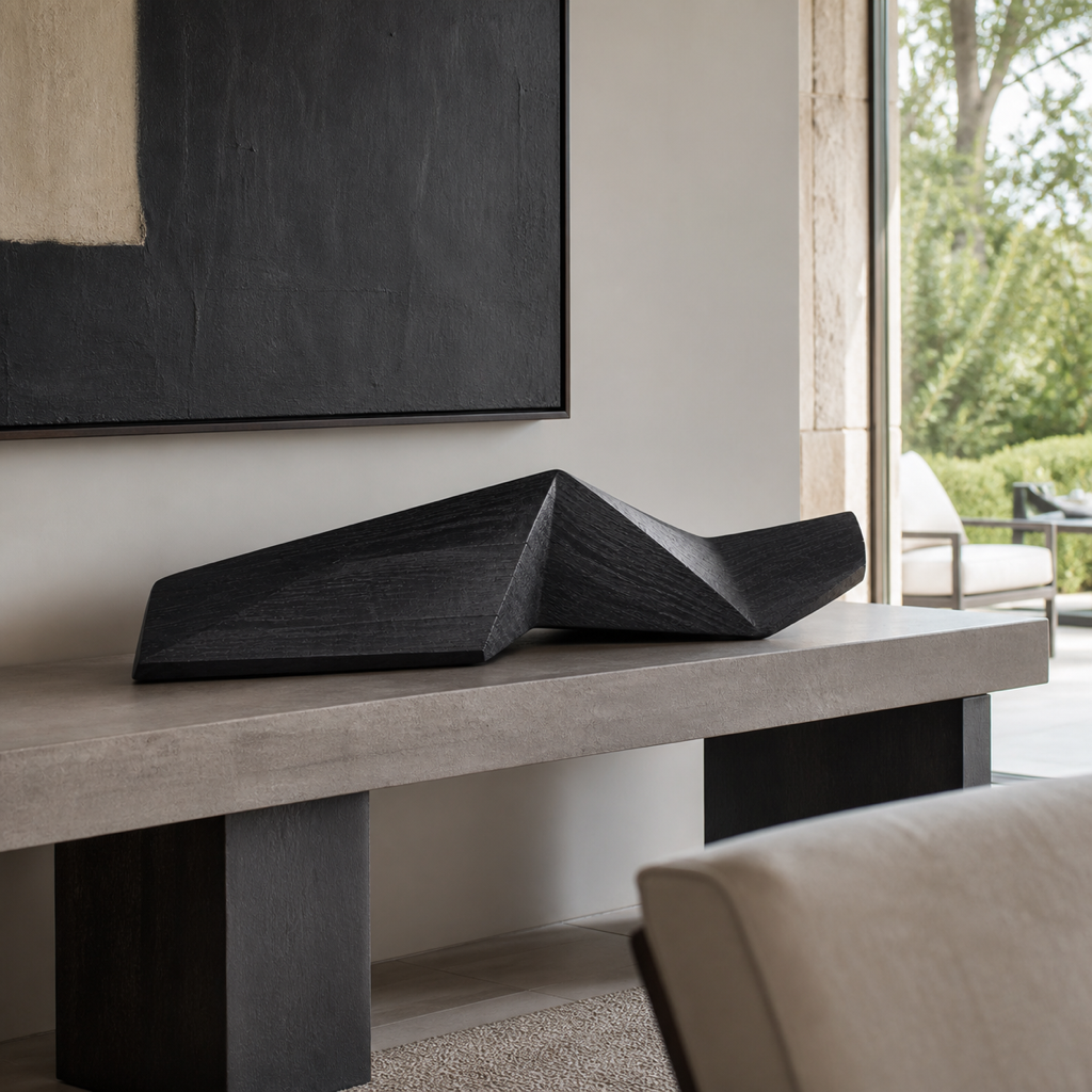 Folded Horizon, teak wood console sculpture — interior view