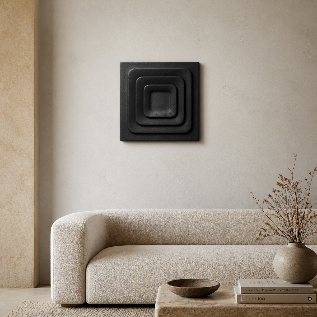 Tide Chamber Relief, carved teak wood wall art — interior view