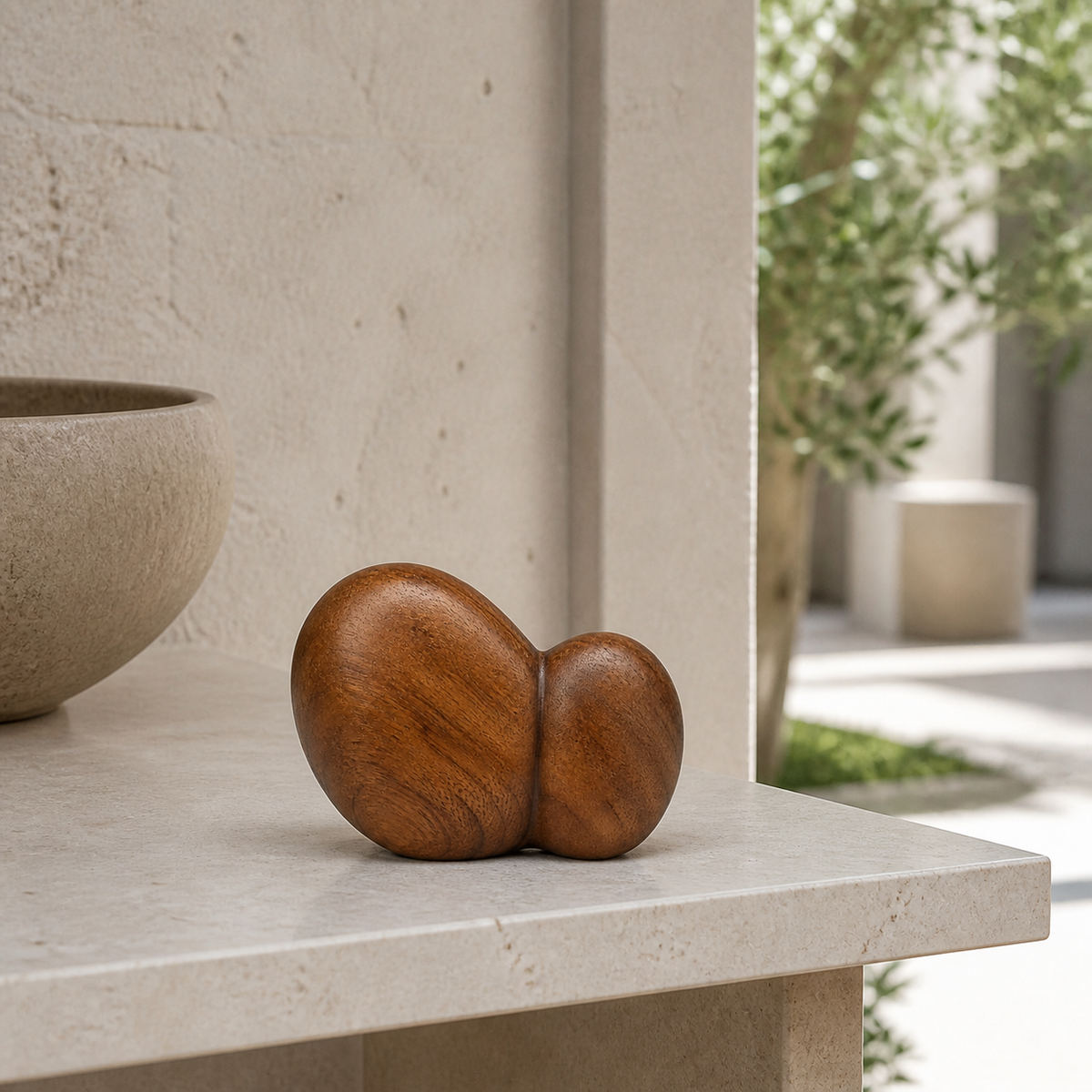 Twin Pebble, teak wood tabletop sculpture — interior view