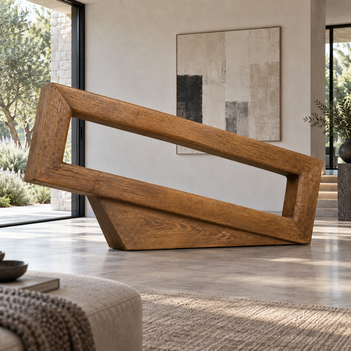 Pivot Frame, teak wood floor sculpture — interior view