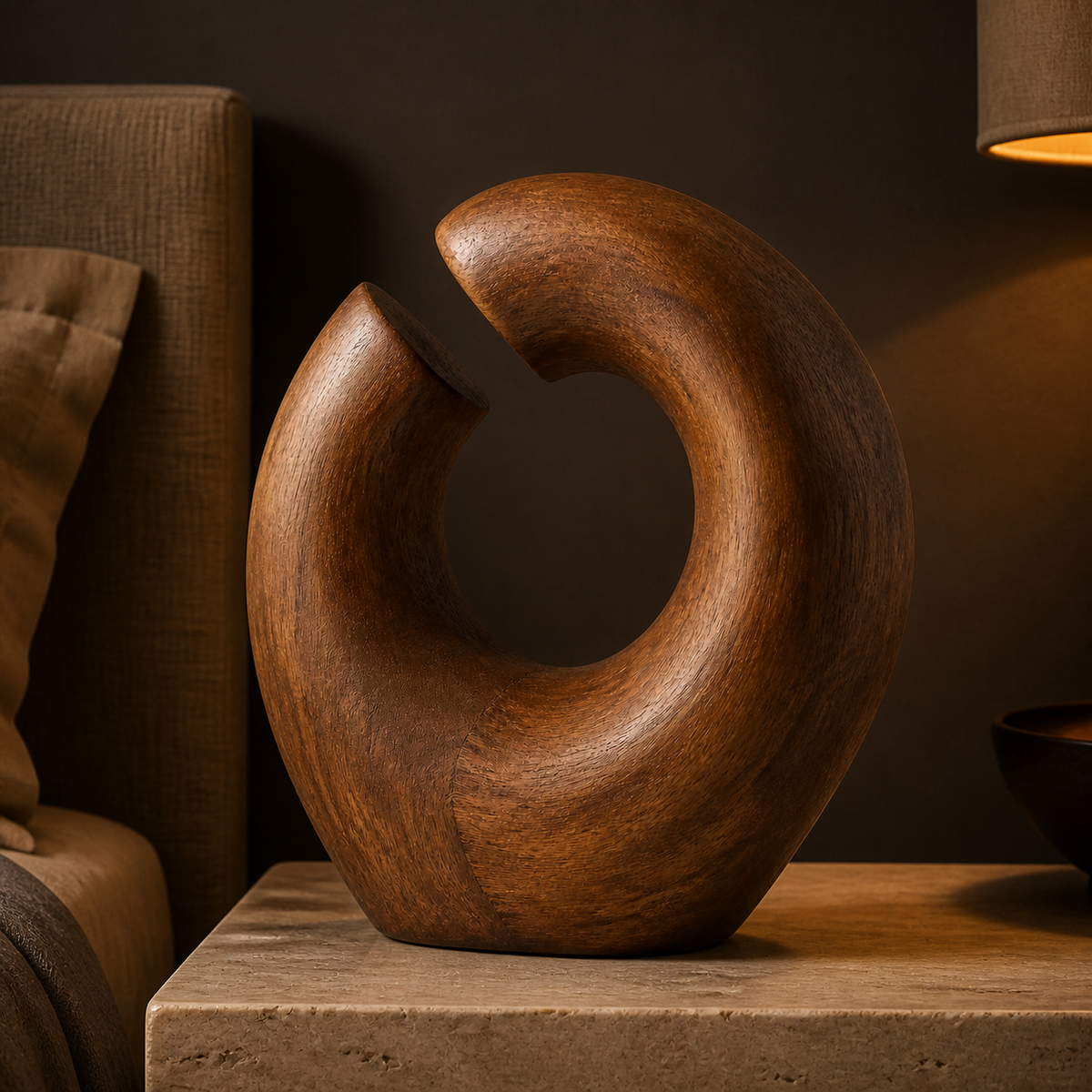 Severed Loop, teak wood tabletop sculpture — interior view
